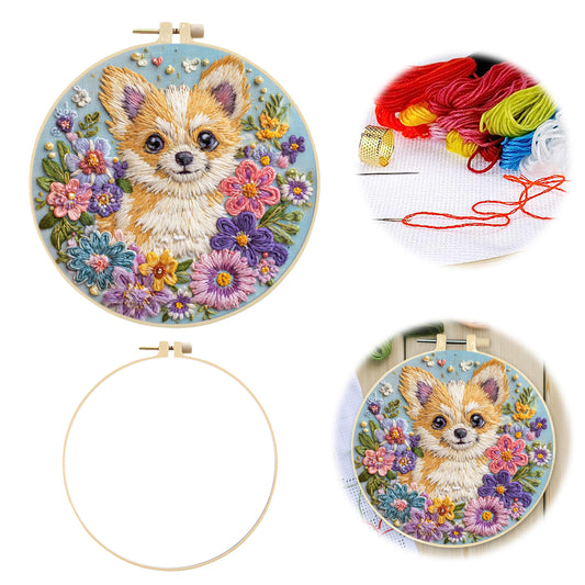 Floral Chihuahua - DIY Embroidery Cross Stitch Kit with Pattern Cotton Threads Needles Hoop 30×30CM/11.81×11.81in