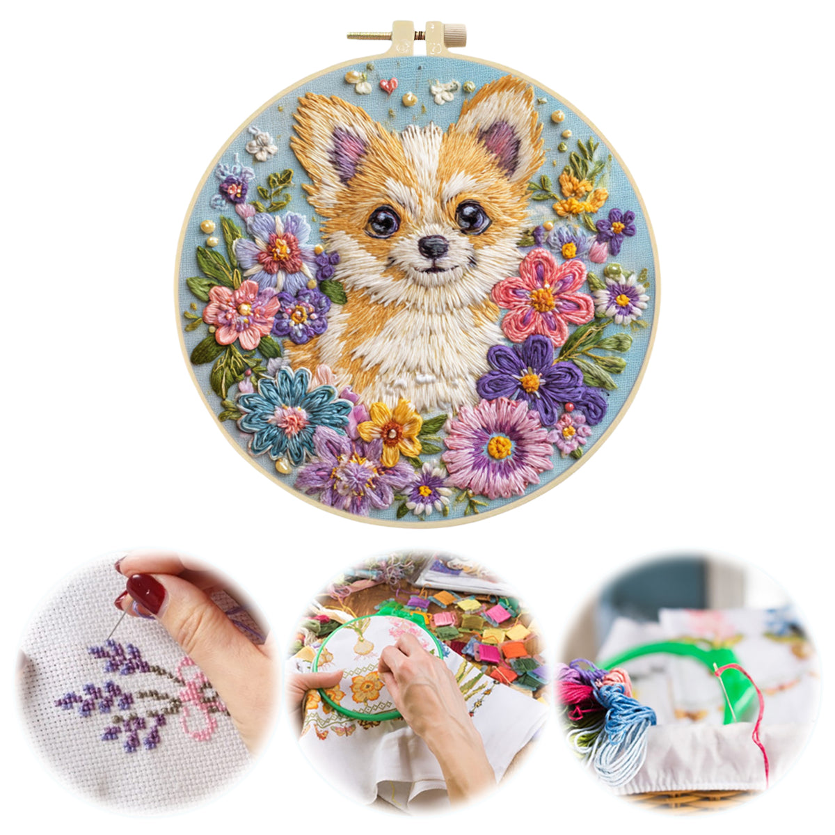 Floral Chihuahua - DIY Embroidery Cross Stitch Kit with Pattern Cotton Threads Needles Hoop 30×30CM/11.81×11.81in