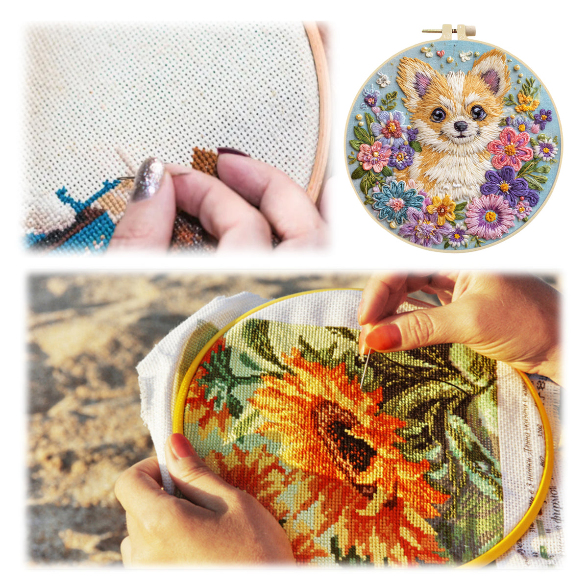 Floral Chihuahua - DIY Embroidery Cross Stitch Kit with Pattern Cotton Threads Needles Hoop 30×30CM/11.81×11.81in