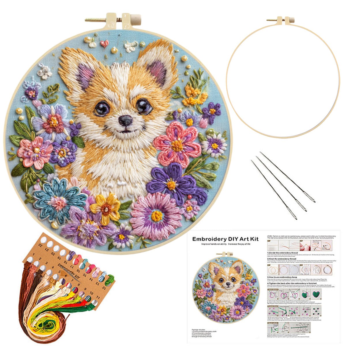 Floral Chihuahua - DIY Embroidery Cross Stitch Kit with Pattern Cotton Threads Needles Hoop 30×30CM/11.81×11.81in