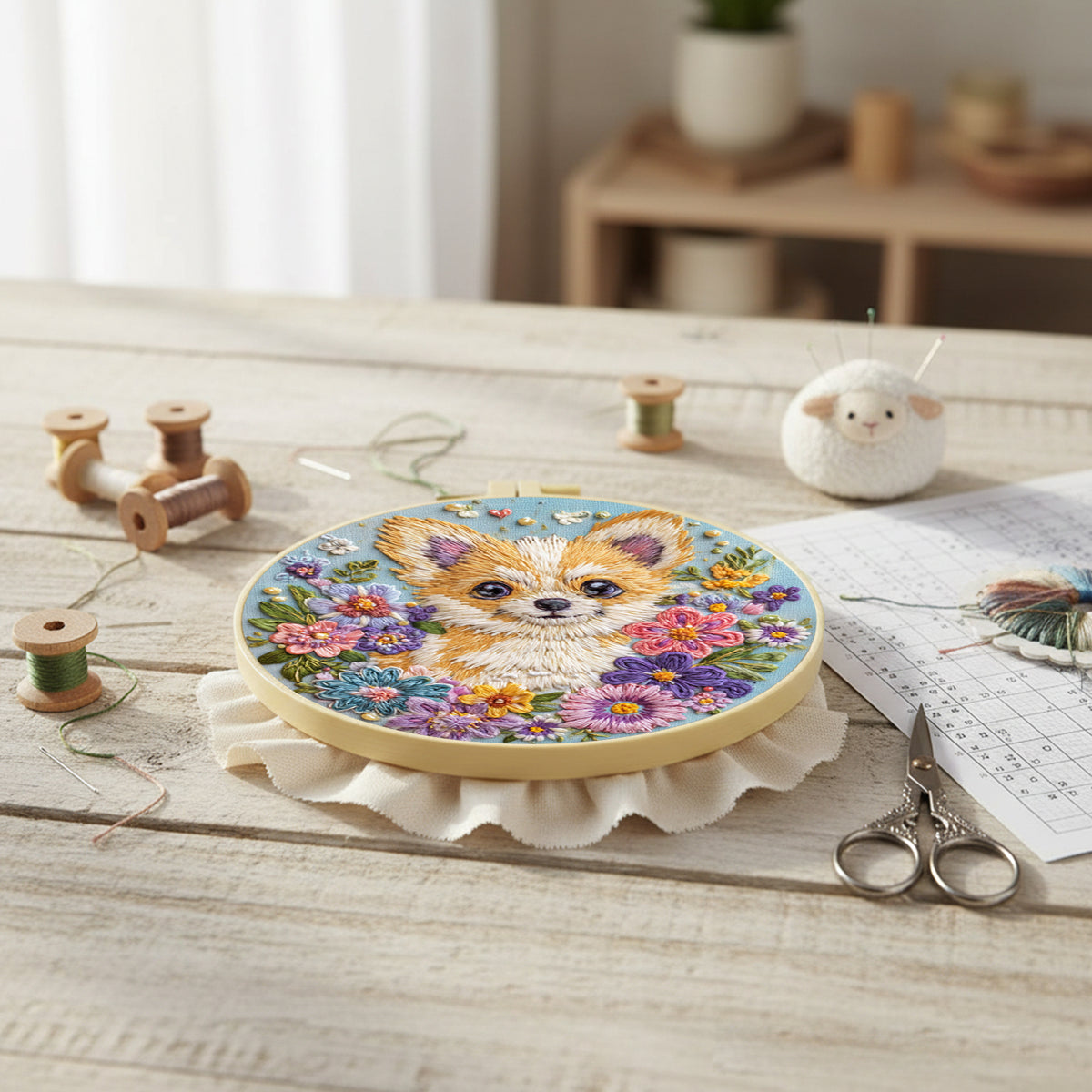 Floral Chihuahua - DIY Embroidery Cross Stitch Kit with Pattern Cotton Threads Needles Hoop 30×30CM/11.81×11.81in