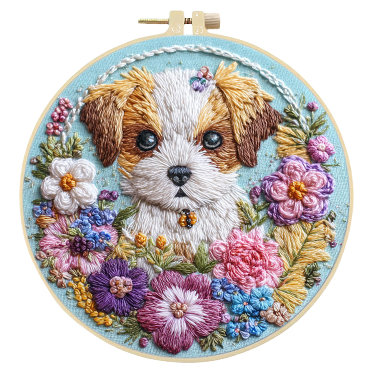 Flower Pup - DIY Embroidery Cross Stitch Kit with Pattern Cotton Threads Needles Hoop 30×30CM/11.81×11.81in