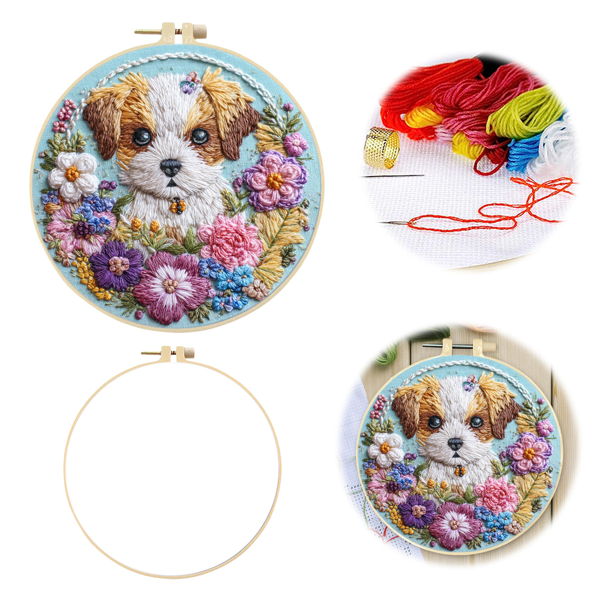Flower Pup - DIY Embroidery Cross Stitch Kit with Pattern Cotton Threads Needles Hoop 30×30CM/11.81×11.81in