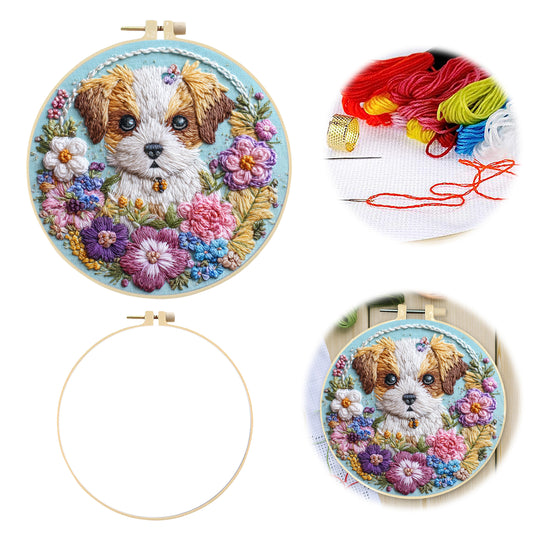 Flower Pup - DIY Embroidery Cross Stitch Kit with Pattern Cotton Threads Needles Hoop 30×30CM/11.81×11.81in