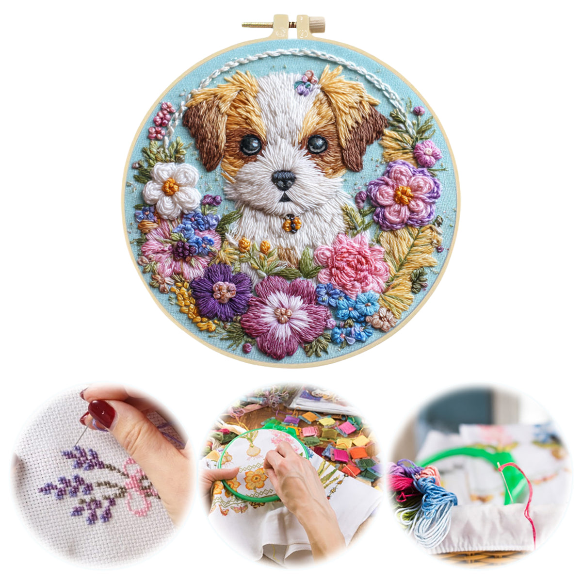 Flower Pup - DIY Embroidery Cross Stitch Kit with Pattern Cotton Threads Needles Hoop 30×30CM/11.81×11.81in