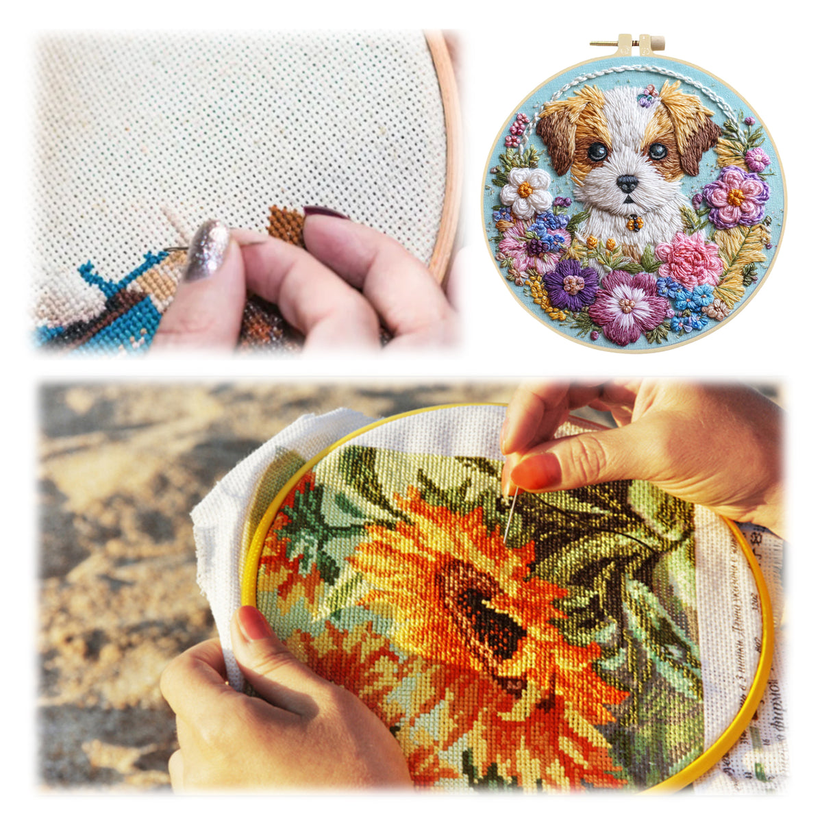 Flower Pup - DIY Embroidery Cross Stitch Kit with Pattern Cotton Threads Needles Hoop 30×30CM/11.81×11.81in