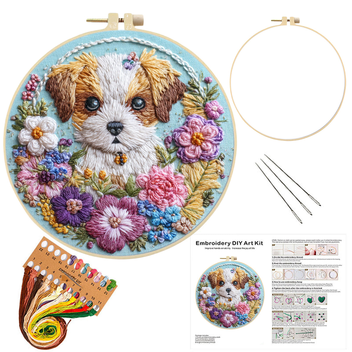 Flower Pup - DIY Embroidery Cross Stitch Kit with Pattern Cotton Threads Needles Hoop 30×30CM/11.81×11.81in