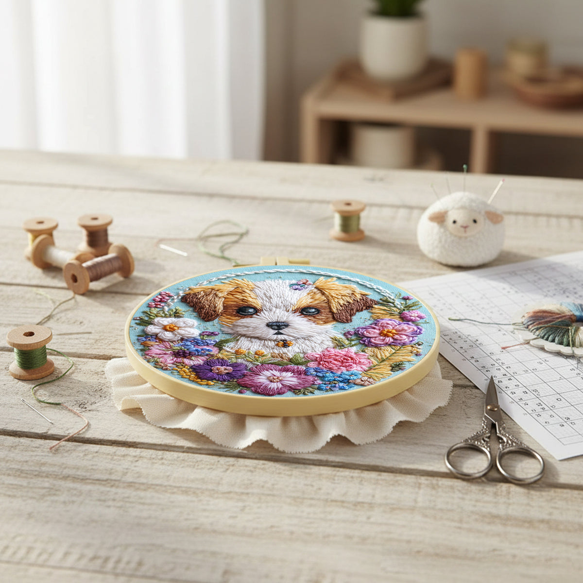 Flower Pup - DIY Embroidery Cross Stitch Kit with Pattern Cotton Threads Needles Hoop 30×30CM/11.81×11.81in