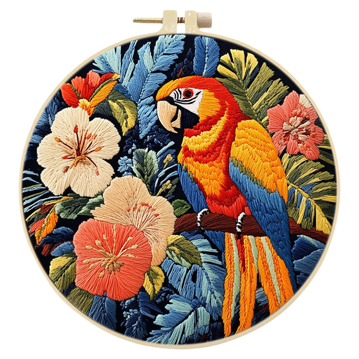 Tropical Macaw - DIY Embroidery Cross Stitch Kit with Pattern Cotton Threads Needles Hoop 29×29CM/11.42×11.42in
