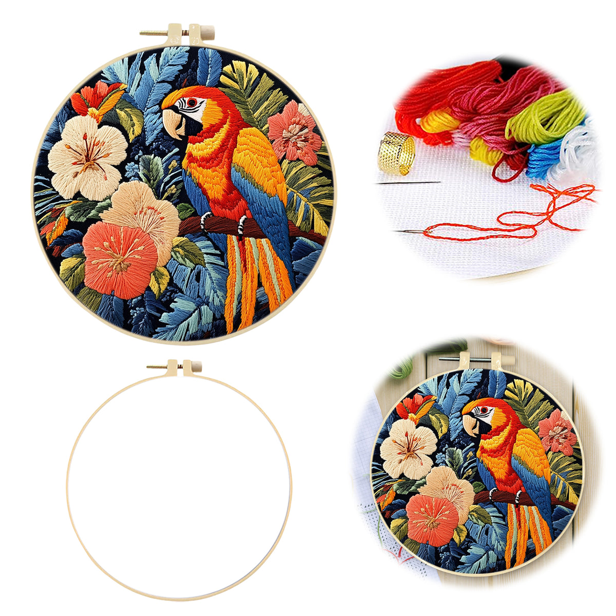 Tropical Macaw - DIY Embroidery Cross Stitch Kit with Pattern Cotton Threads Needles Hoop 29×29CM/11.42×11.42in