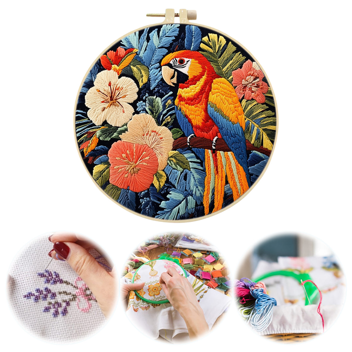 Tropical Macaw - DIY Embroidery Cross Stitch Kit with Pattern Cotton Threads Needles Hoop 29×29CM/11.42×11.42in
