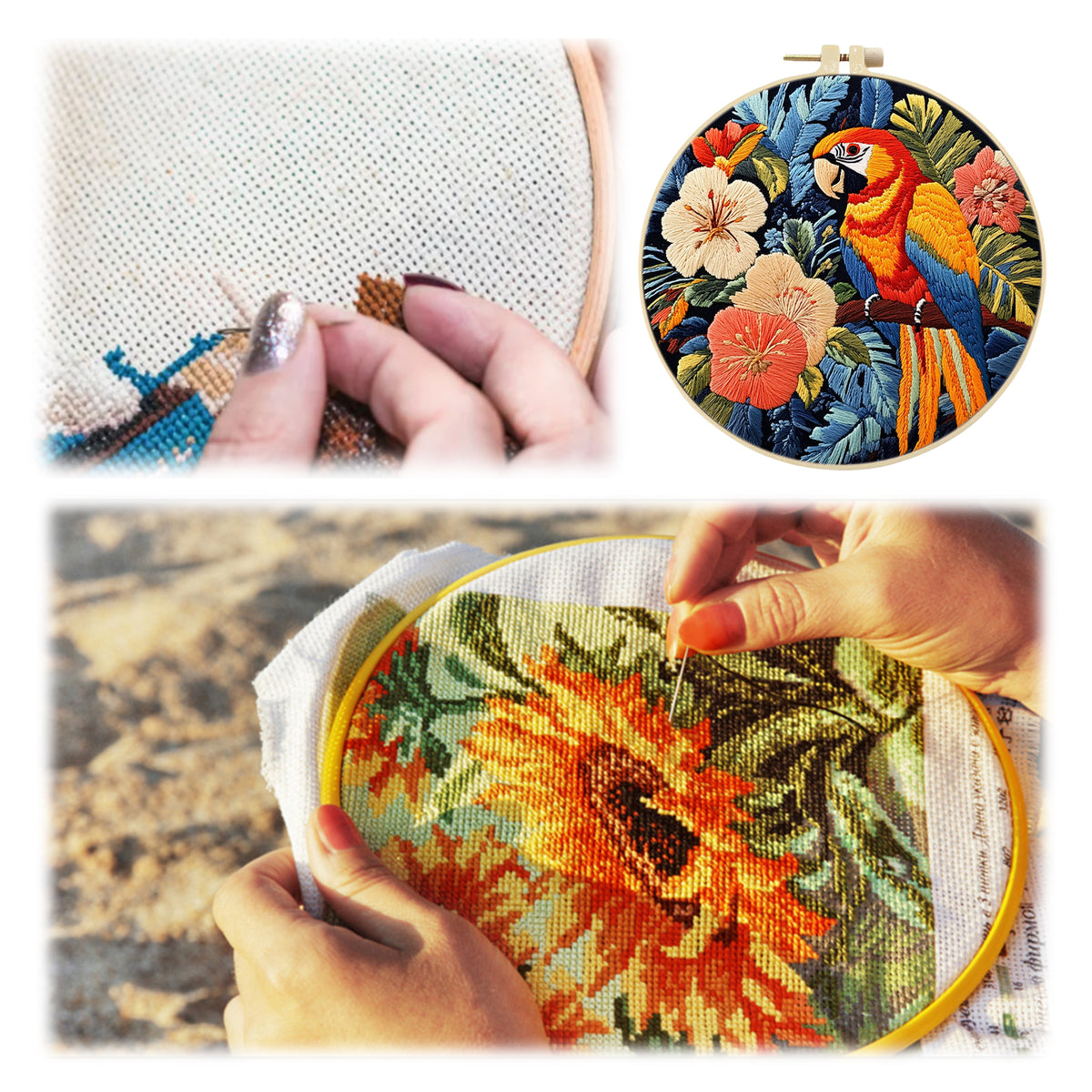 Tropical Macaw - DIY Embroidery Cross Stitch Kit with Pattern Cotton Threads Needles Hoop 29×29CM/11.42×11.42in