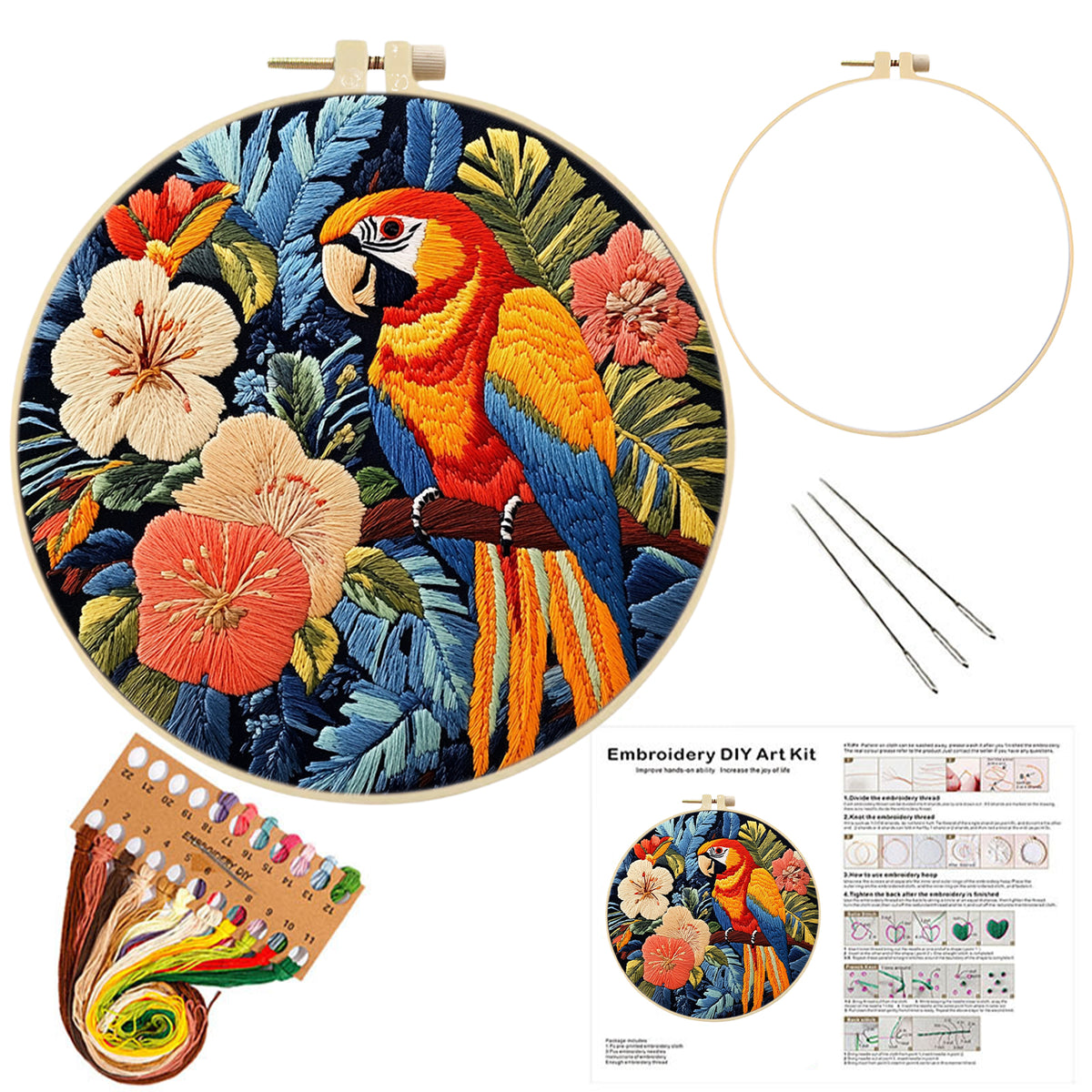 Tropical Macaw - DIY Embroidery Cross Stitch Kit with Pattern Cotton Threads Needles Hoop 29×29CM/11.42×11.42in
