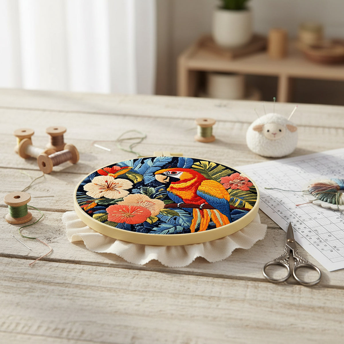 Tropical Macaw - DIY Embroidery Cross Stitch Kit with Pattern Cotton Threads Needles Hoop 29×29CM/11.42×11.42in