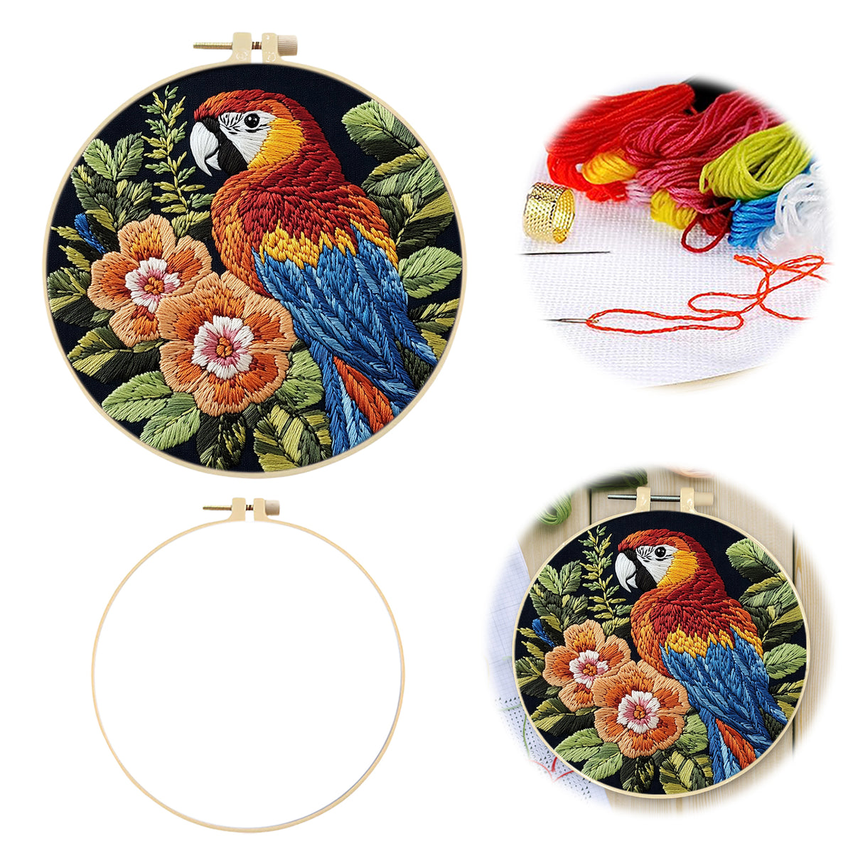 Floral Macaw - DIY Embroidery Cross Stitch Kit with Pattern Cotton Threads Needles Hoop 29×29CM/11.42×11.42in