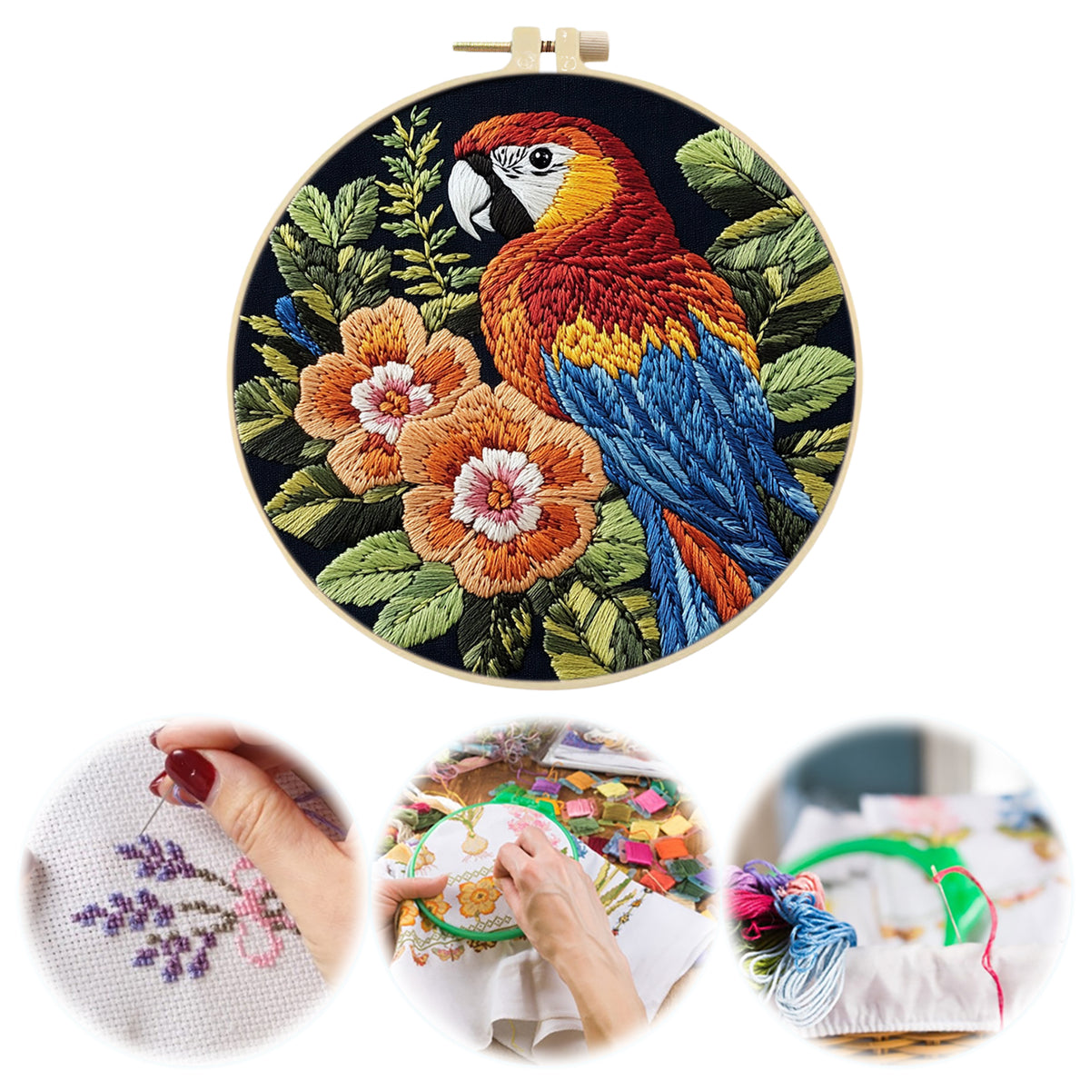 Floral Macaw - DIY Embroidery Cross Stitch Kit with Pattern Cotton Threads Needles Hoop 29×29CM/11.42×11.42in