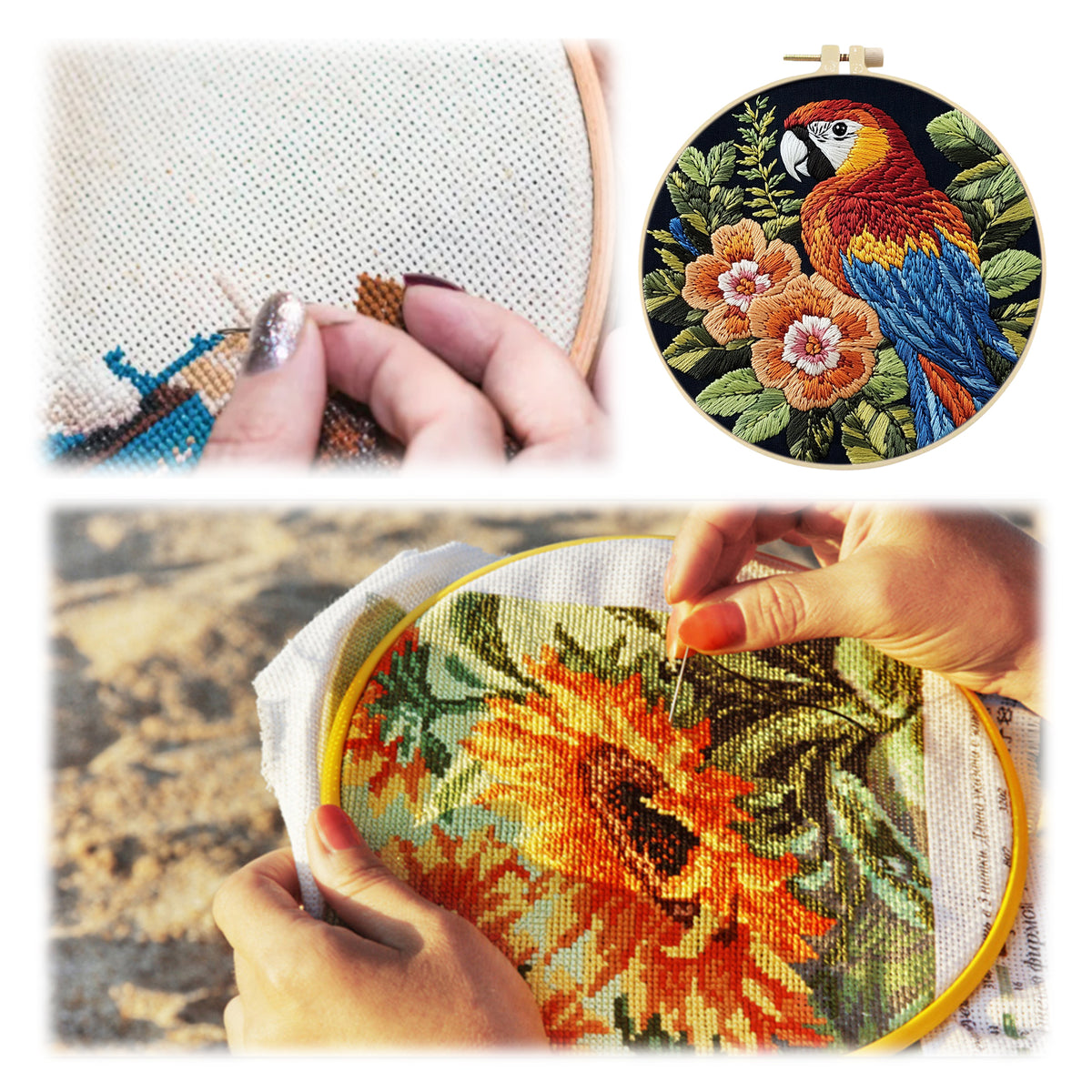 Floral Macaw - DIY Embroidery Cross Stitch Kit with Pattern Cotton Threads Needles Hoop 29×29CM/11.42×11.42in