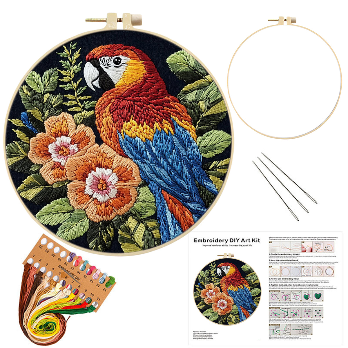 Floral Macaw - DIY Embroidery Cross Stitch Kit with Pattern Cotton Threads Needles Hoop 29×29CM/11.42×11.42in
