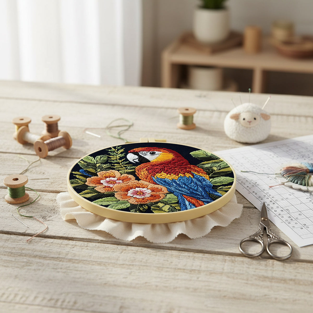 Floral Macaw - DIY Embroidery Cross Stitch Kit with Pattern Cotton Threads Needles Hoop 29×29CM/11.42×11.42in
