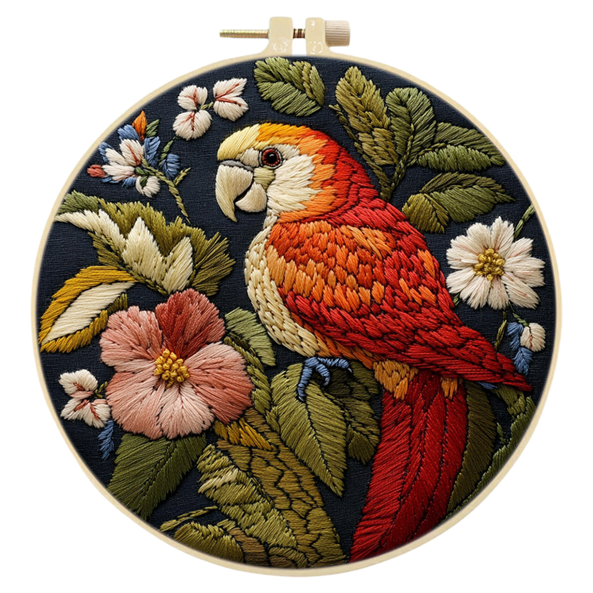 Pink Bloom Parrot - DIY Embroidery Cross Stitch Kit with Pattern Cotton Threads Needles Hoop 29×29CM/11.42×11.42in
