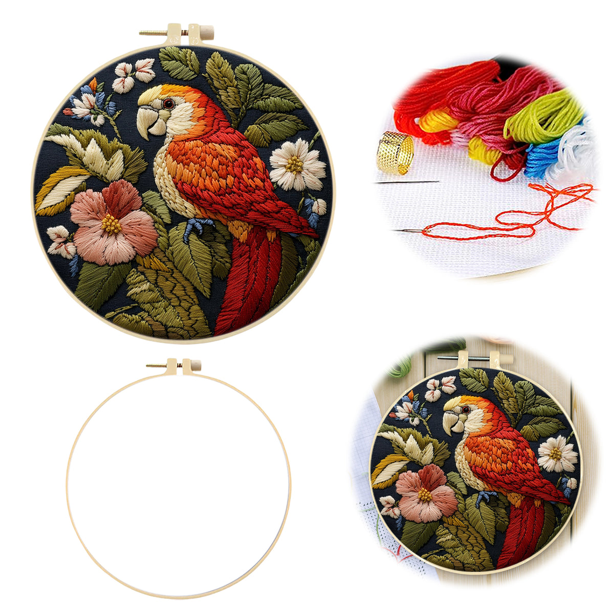 Pink Bloom Parrot - DIY Embroidery Cross Stitch Kit with Pattern Cotton Threads Needles Hoop 29×29CM/11.42×11.42in