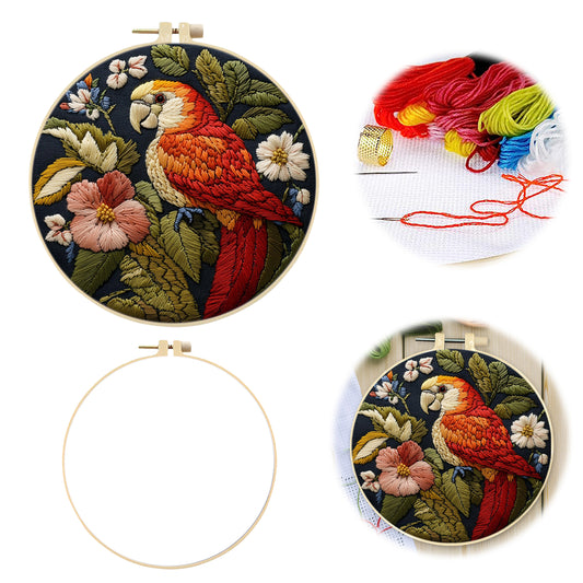 Pink Bloom Parrot - DIY Embroidery Cross Stitch Kit with Pattern Cotton Threads Needles Hoop 29×29CM/11.42×11.42in