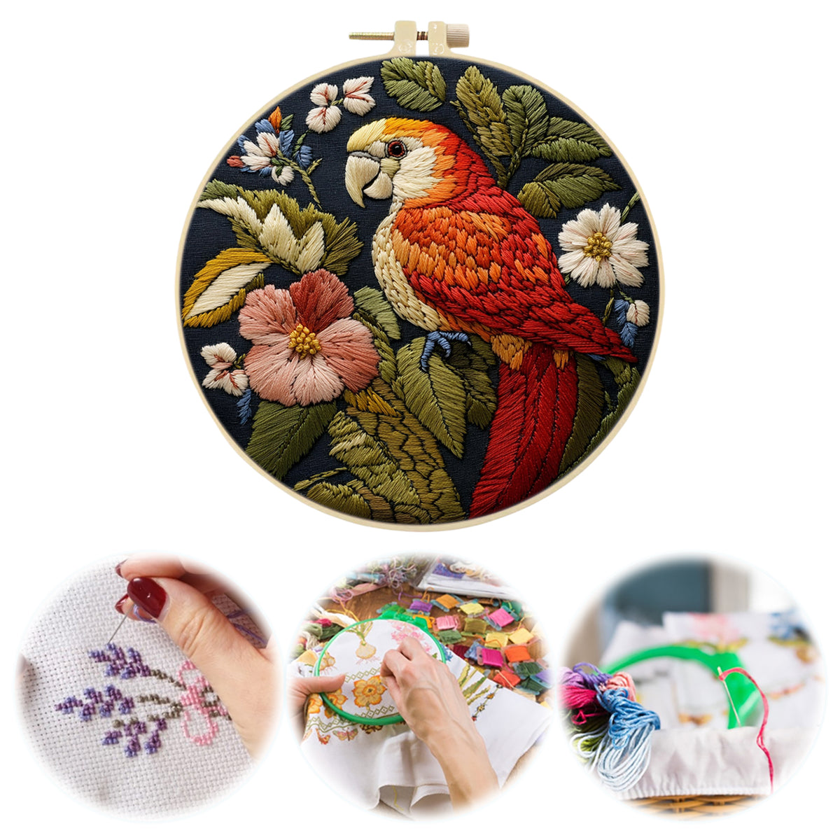 Pink Bloom Parrot - DIY Embroidery Cross Stitch Kit with Pattern Cotton Threads Needles Hoop 29×29CM/11.42×11.42in