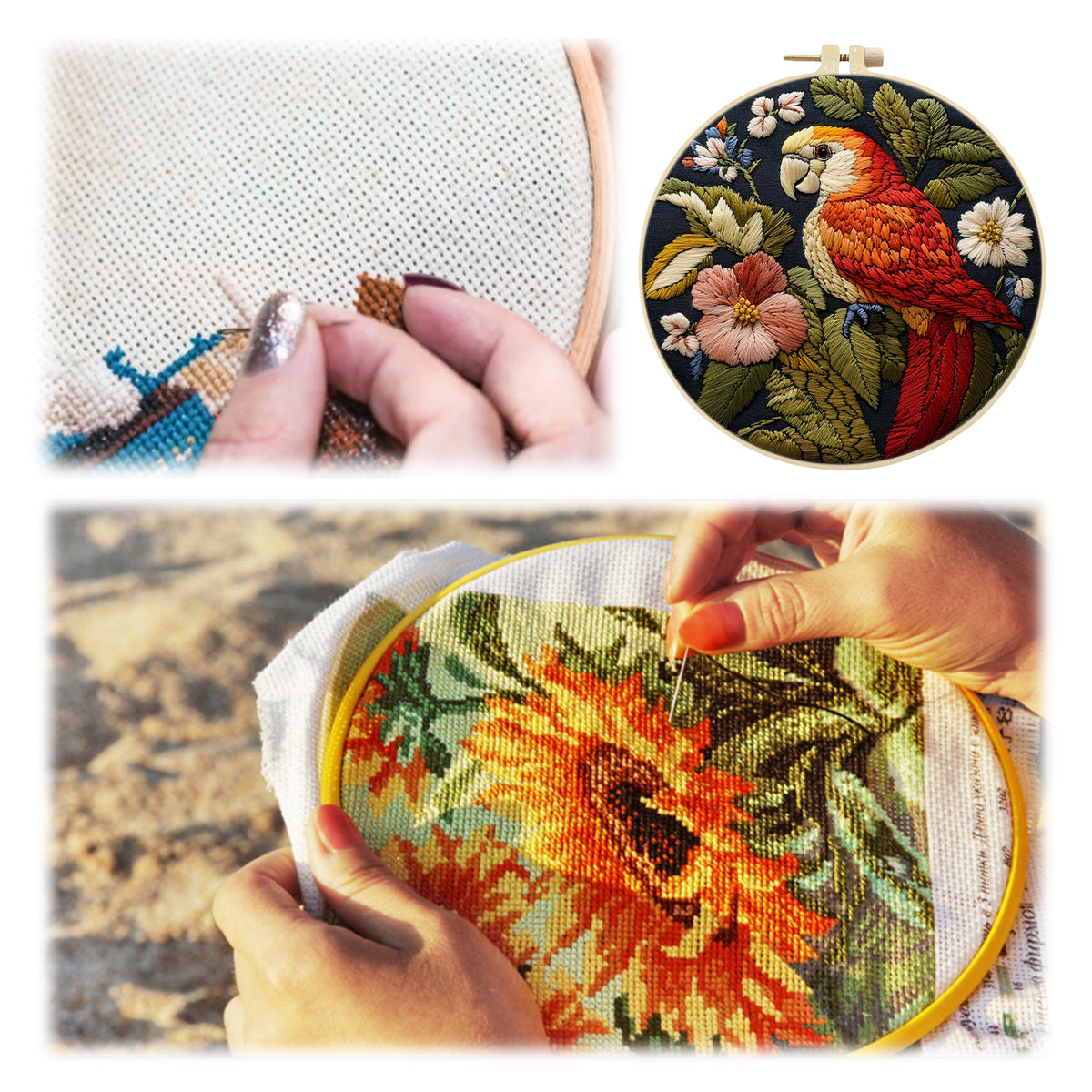 Pink Bloom Parrot - DIY Embroidery Cross Stitch Kit with Pattern Cotton Threads Needles Hoop 29×29CM/11.42×11.42in
