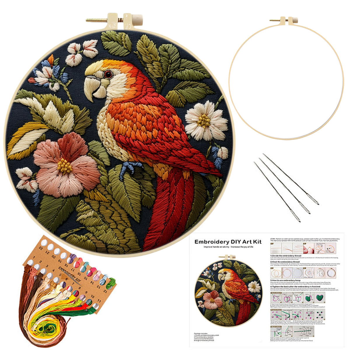 Pink Bloom Parrot - DIY Embroidery Cross Stitch Kit with Pattern Cotton Threads Needles Hoop 29×29CM/11.42×11.42in