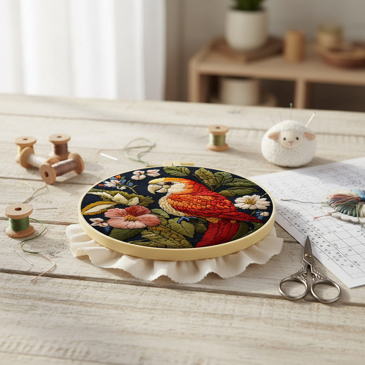 Pink Bloom Parrot - DIY Embroidery Cross Stitch Kit with Pattern Cotton Threads Needles Hoop 29×29CM/11.42×11.42in