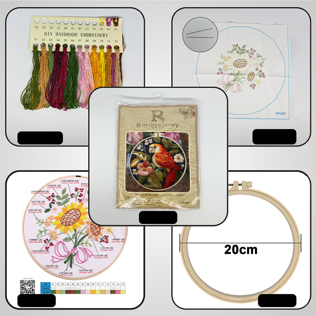 Pink Bloom Parrot - DIY Embroidery Cross Stitch Kit with Pattern Cotton Threads Needles Hoop 29×29CM/11.42×11.42in