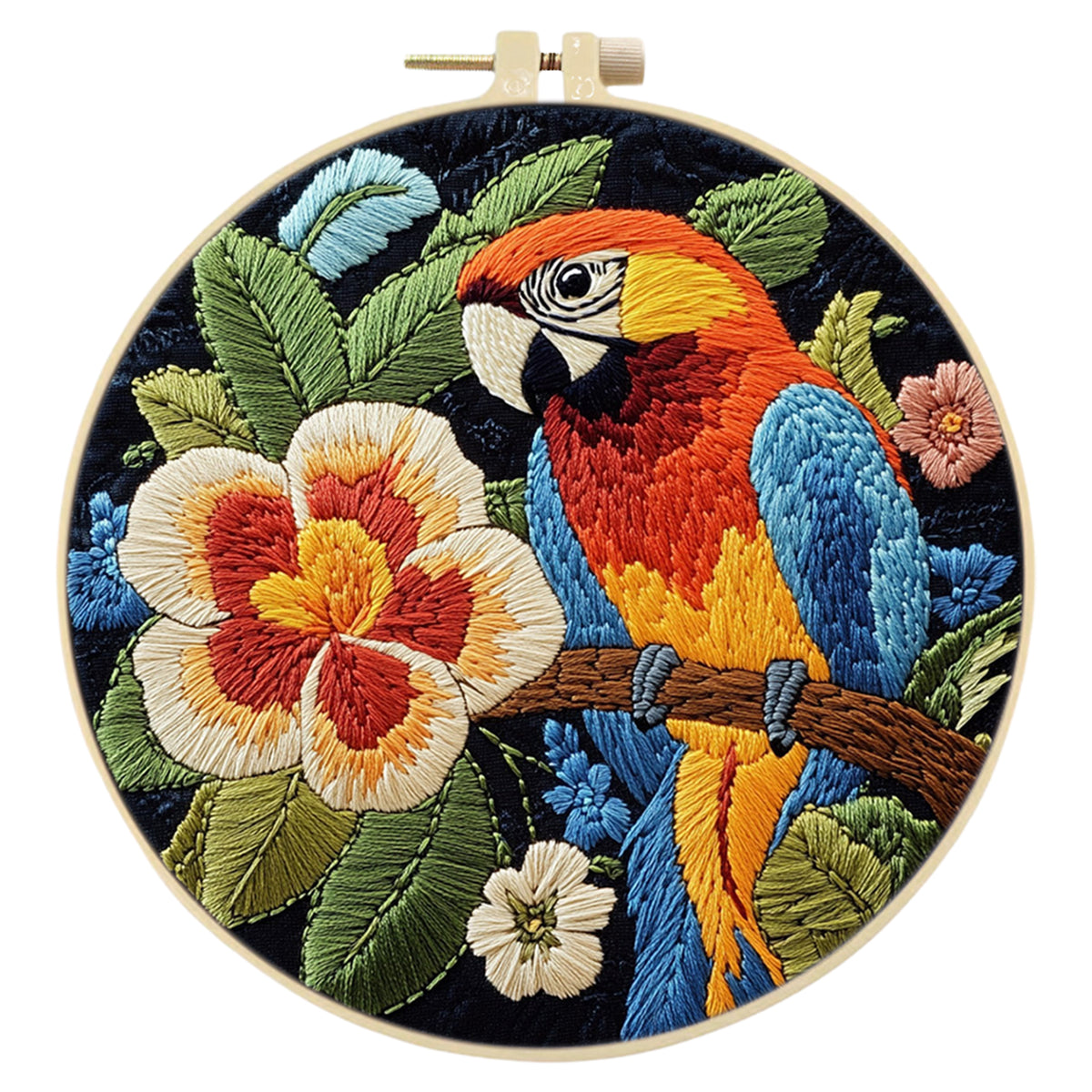 Big Flower Macaw - DIY Embroidery Cross Stitch Kit with Pattern Cotton Threads Needles Hoop 29×29CM/11.42×11.42in