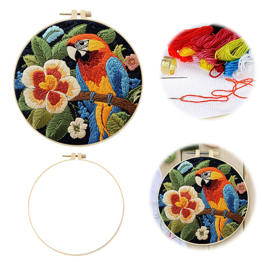 Big Flower Macaw - DIY Embroidery Cross Stitch Kit with Pattern Cotton Threads Needles Hoop 29×29CM/11.42×11.42in