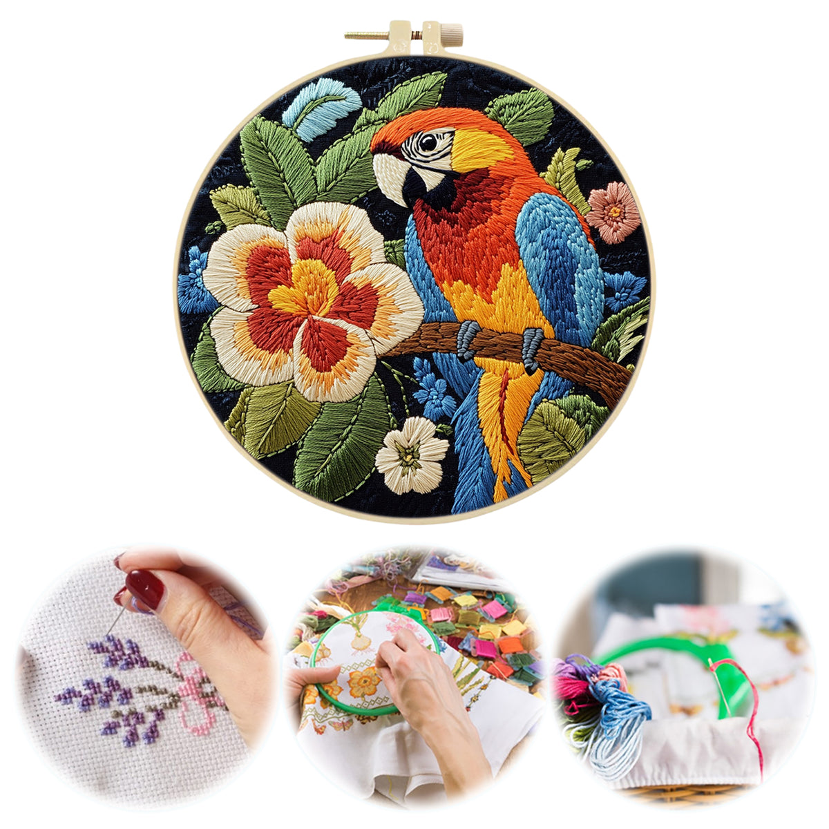 Big Flower Macaw - DIY Embroidery Cross Stitch Kit with Pattern Cotton Threads Needles Hoop 29×29CM/11.42×11.42in