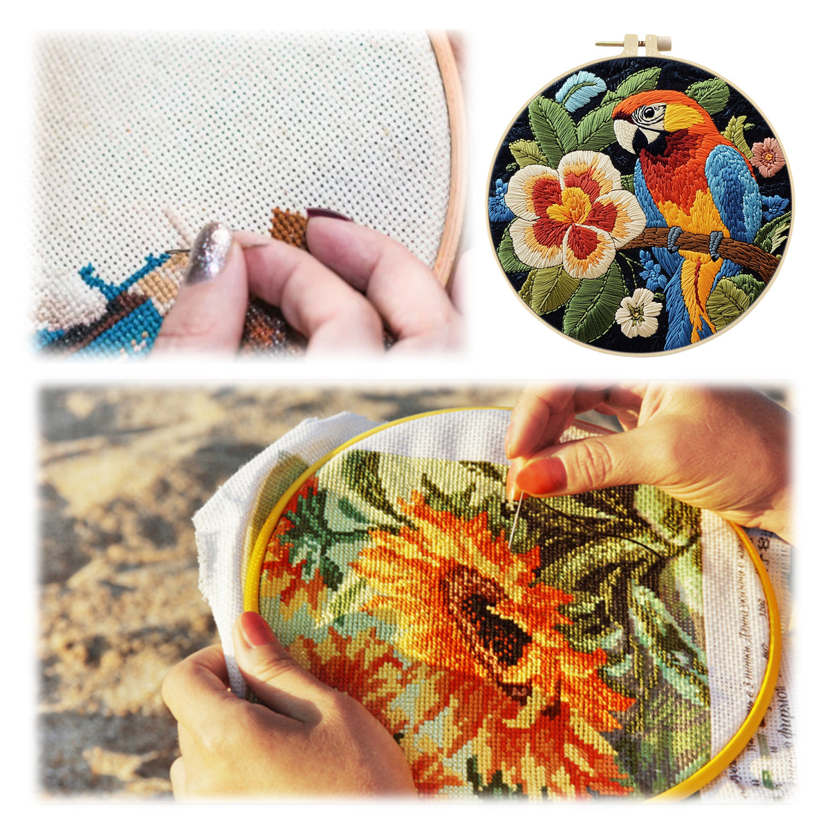Big Flower Macaw - DIY Embroidery Cross Stitch Kit with Pattern Cotton Threads Needles Hoop 29×29CM/11.42×11.42in