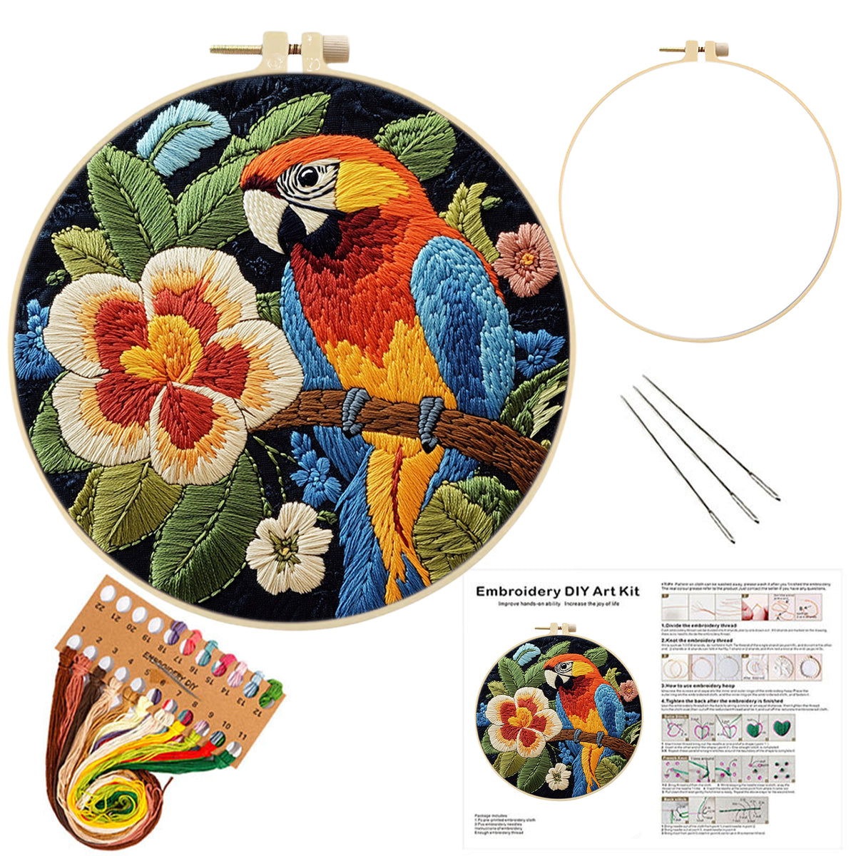 Big Flower Macaw - DIY Embroidery Cross Stitch Kit with Pattern Cotton Threads Needles Hoop 29×29CM/11.42×11.42in