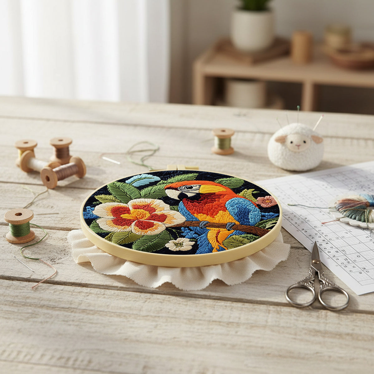 Big Flower Macaw - DIY Embroidery Cross Stitch Kit with Pattern Cotton Threads Needles Hoop 29×29CM/11.42×11.42in