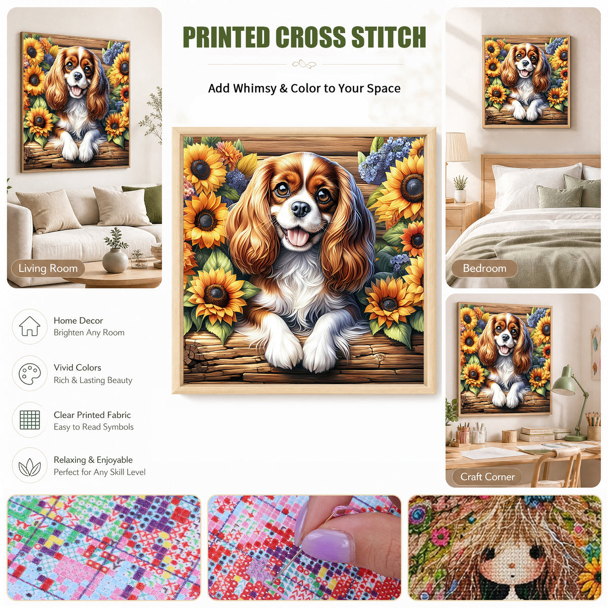 Sonnenblumen-Spaniel – Vollständiges 11CT Stempel-Kreuzstich-Set 40x40 cm – Yishu