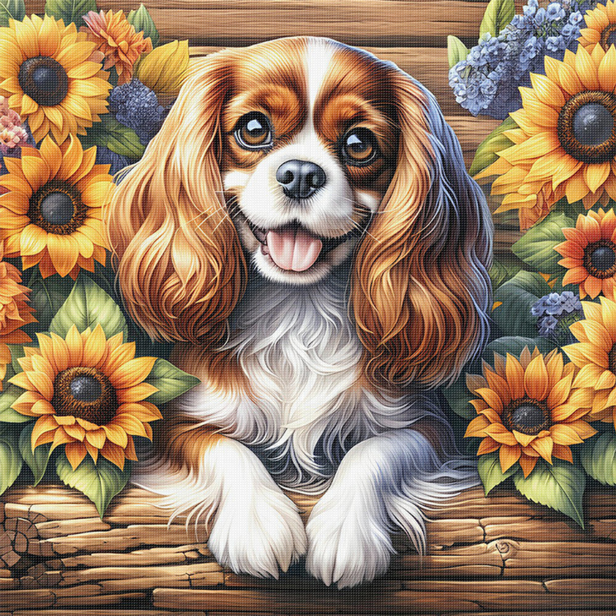 Sonnenblumen-Spaniel – Vollständiges 11CT Stempel-Kreuzstich-Set 40x40 cm – Yishu