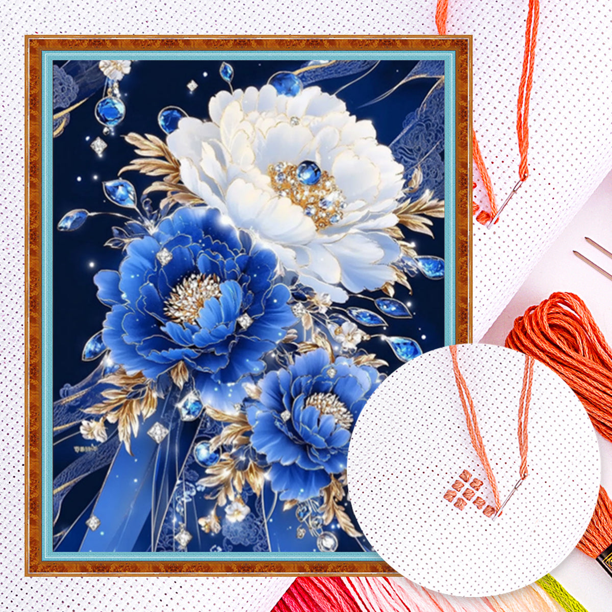 Blaue Kristall-Pfingstrosen – Vollständiges 11CT gezähltes Kreuzstichset 40*50CM – Huacan