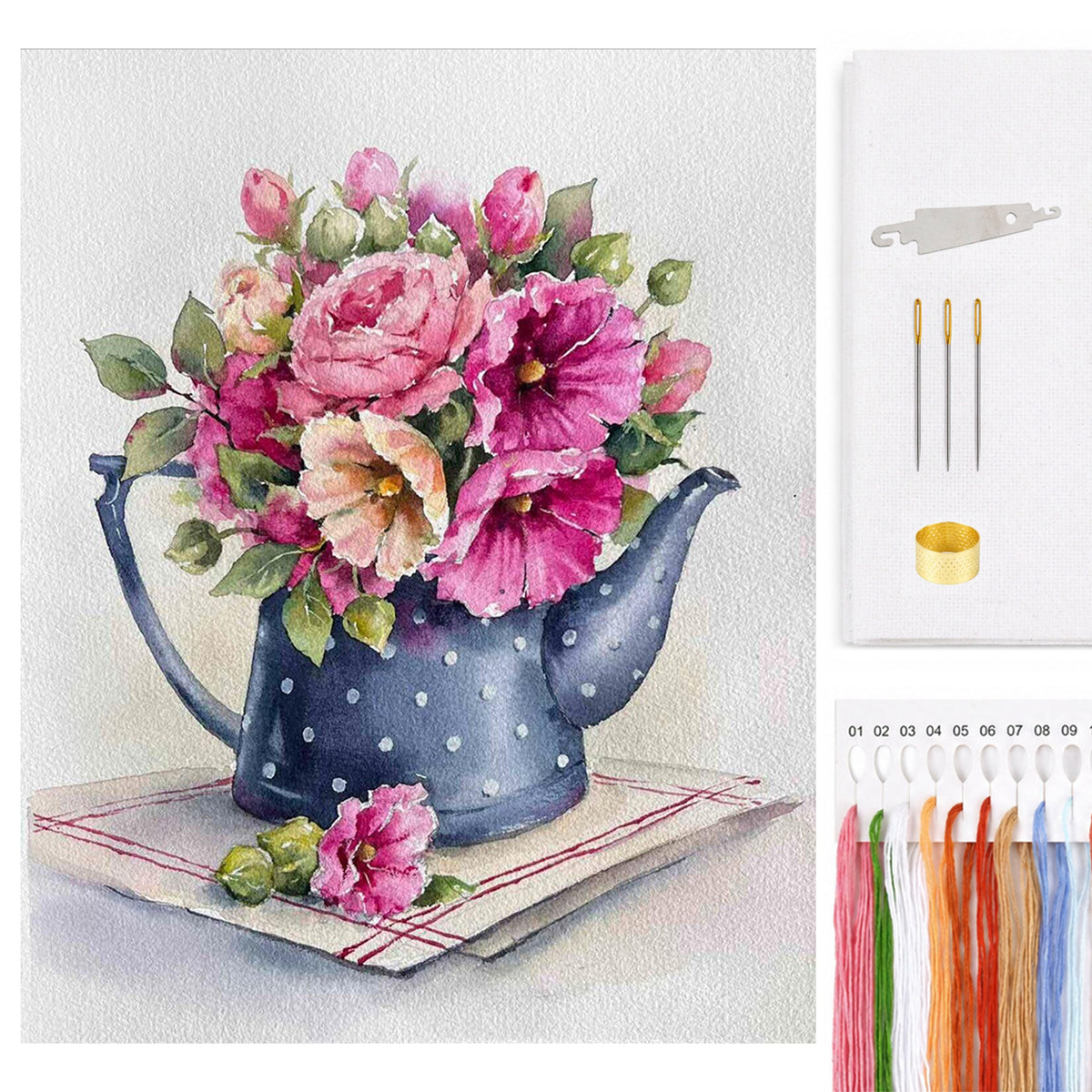 Watercolor Flowers In A Watering Can - Full 11CT Counted Cross Stitch 40*50CM - Huacan