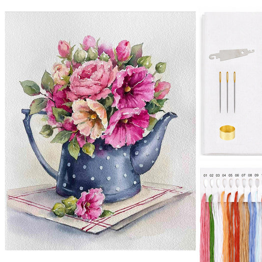 Aquarellblumen in einer Gießkanne – Vollständiges 11CT gezähltes Kreuzstichset 40*50 cm – Huacan