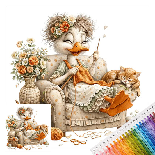 Orangefarbene Web-Ente & orangefarbene Katze – Vollständiges 14CT gestempeltes Kreuzstich-Set 30x30 cm – Huacan