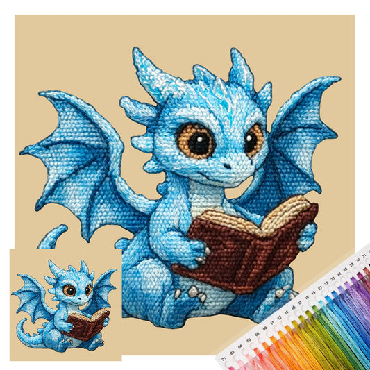 Blauer Drache liest Buch – Komplettes 14CT gestempeltes Kreuzstich-Set 30x30CM – Huacan
