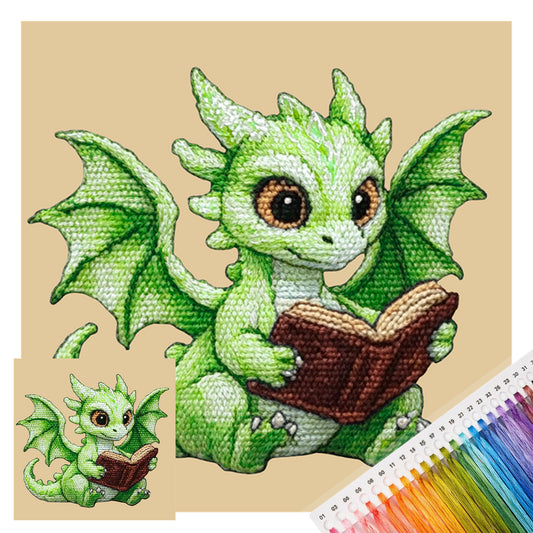 Grüner Drache beim Lesen eines Buches - Vollständiges 14CT gestempeltes Kreuzstich-Set 30x30CM - Huacan