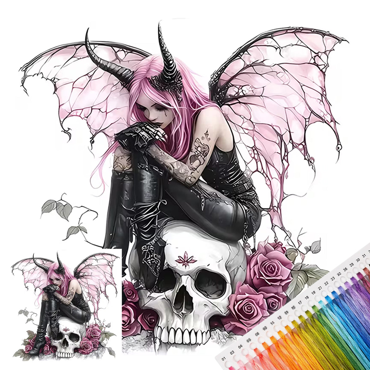 Rosa geflügeltes Dämonenmädchen – Vollständiges 11CT Stanz-Kreuzstich-Set 45x45CM – Huacan