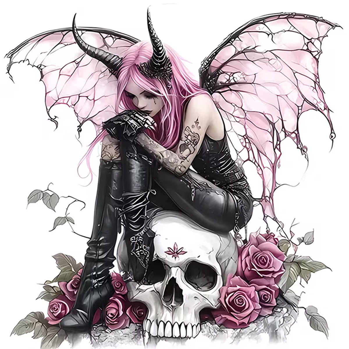 Rosa geflügeltes Dämonenmädchen – Vollständiges 11CT Stanz-Kreuzstich-Set 45x45CM – Huacan