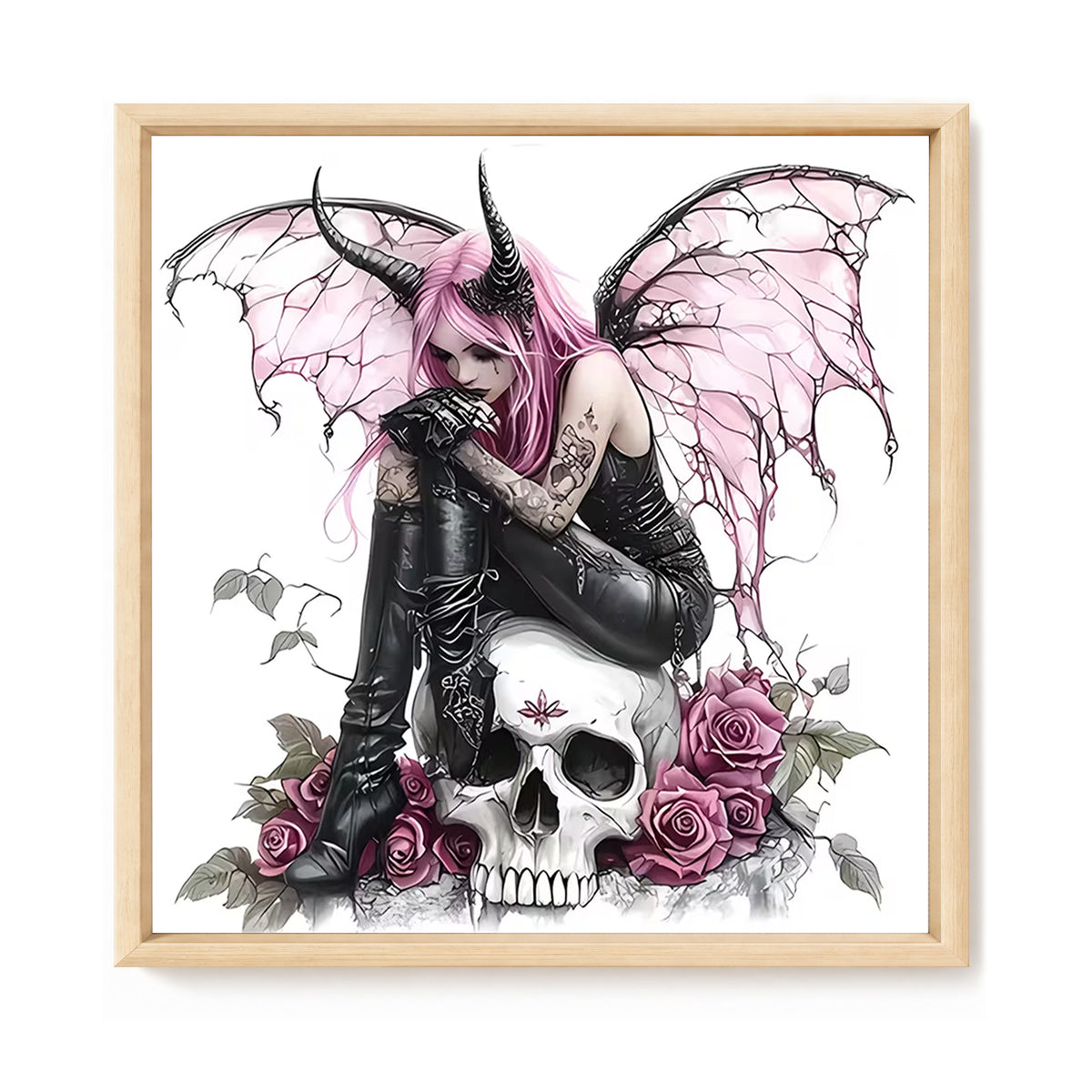 Rosa geflügeltes Dämonenmädchen – Vollständiges 11CT Stanz-Kreuzstich-Set 45x45CM – Huacan