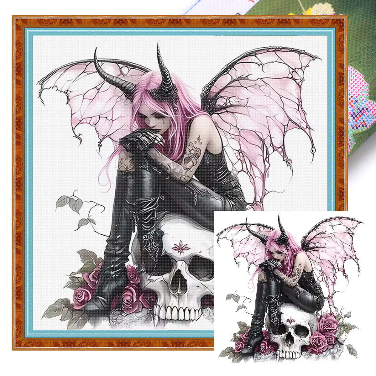 Rosa geflügeltes Dämonenmädchen – Vollständiges 11CT Stanz-Kreuzstich-Set 45x45CM – Huacan