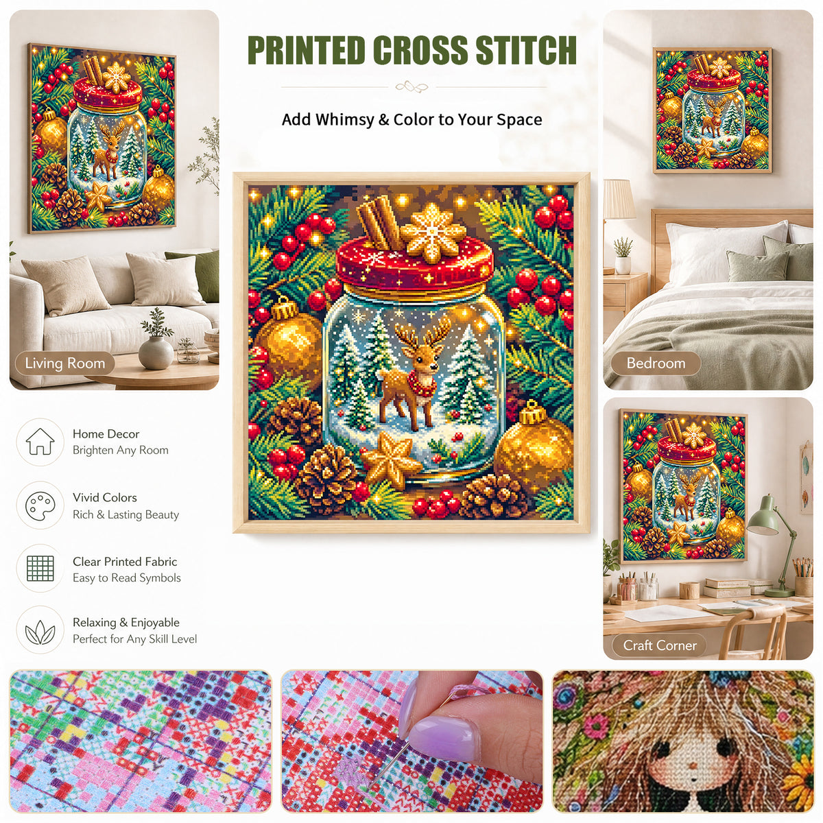 Christmas Elk Wish Jar - Full 11CT Stamped Cross Stitch 40x40CM - Yishu